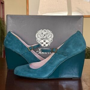 Vince Camuto Mary Jane Wedge Heels Magie Suede Leather Teal Blue/Green | Size 8